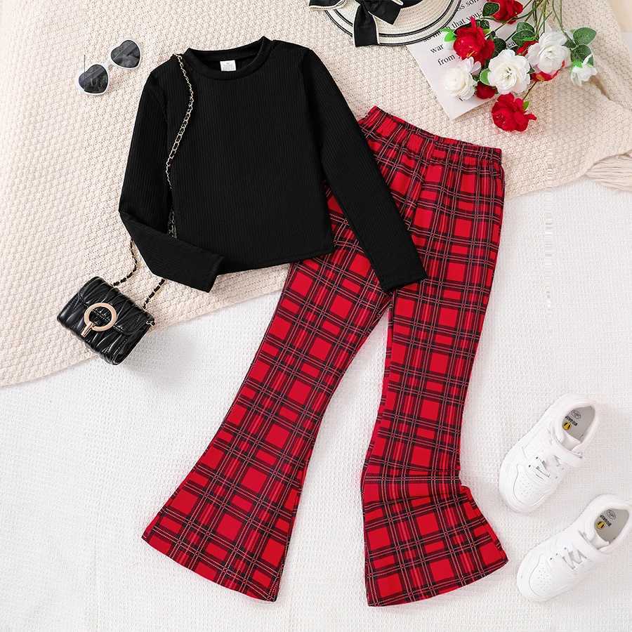 Childrens clothing girls autumn fashion set knitted round neck long sleeved+red checkered wide leg pants 2-piece set W241213