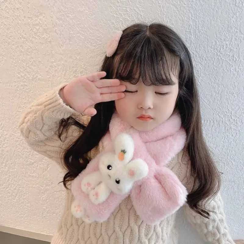 Scarves Wraps Boys Girls Winter Scarfs Thick Plush Cross Childrens Scarf Baby Bib Cute Cartoon Rabbit Faux Fur Neck Protection Warm Shawl H241213OT4A