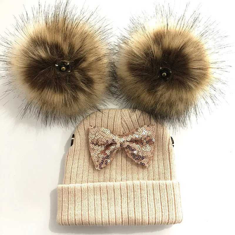 Baby Girl Knit Glitter Bow Knot Double Pompom Hat Faux Fur Winter Cap For Kids Children Beanie BonnetXJ241213
