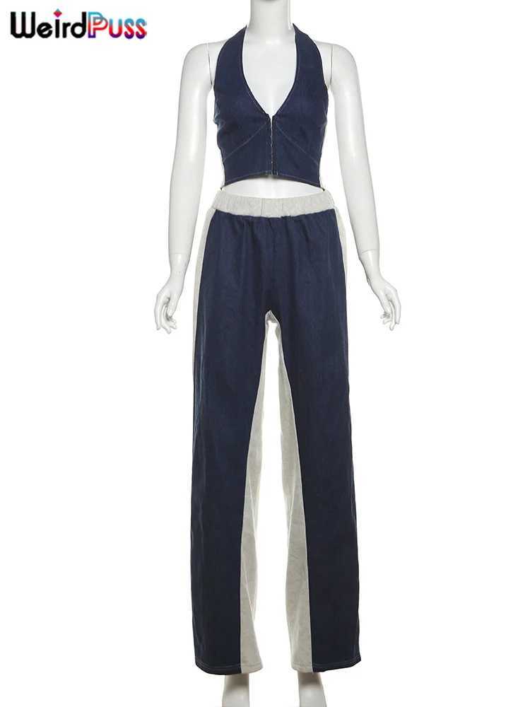 Women's Two Piece Pants Weird Puss Sporty Women 2 Piece Set Tracksuit Zip Halter Single-Breasted Tank Tops+Straight Pants Matching Strtwear Outfi
