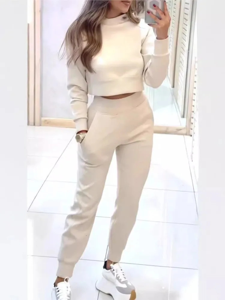 Autumn Winter High Neck Slim Fit Long Sleeve Short Women Solid Color Suit Elegant Fashion Pocket Petite Pants 2 Piece Set Female 241203