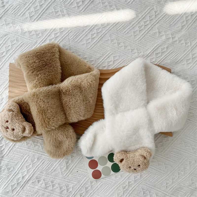Scarves Wraps Cute Bear Plush Baby Scarf Winter Warm Fluffy Fur Boy Girl Scarves Cartoon Kids Cross Neckerchief Children Shawls H241213
