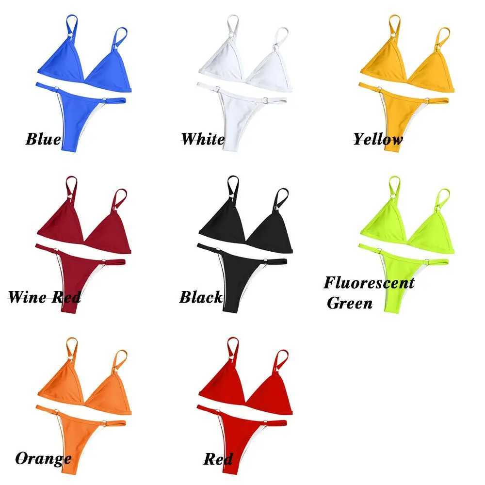 Two piece womens sexy swimsuit solid color beach low waist split swimsuit metal decorative pendant stainLEss steel bikini setXJ250324