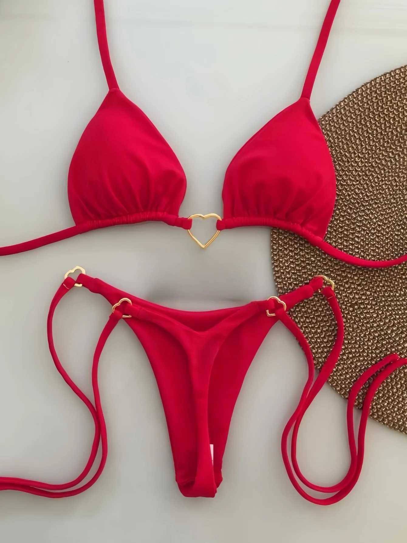 2024 New Sexy Low Waisted Bikini Set Swimsuit Fa Swimwear Women Solid Strappy Beachwear Bathing Suits Brazilian biquiniXJ241212