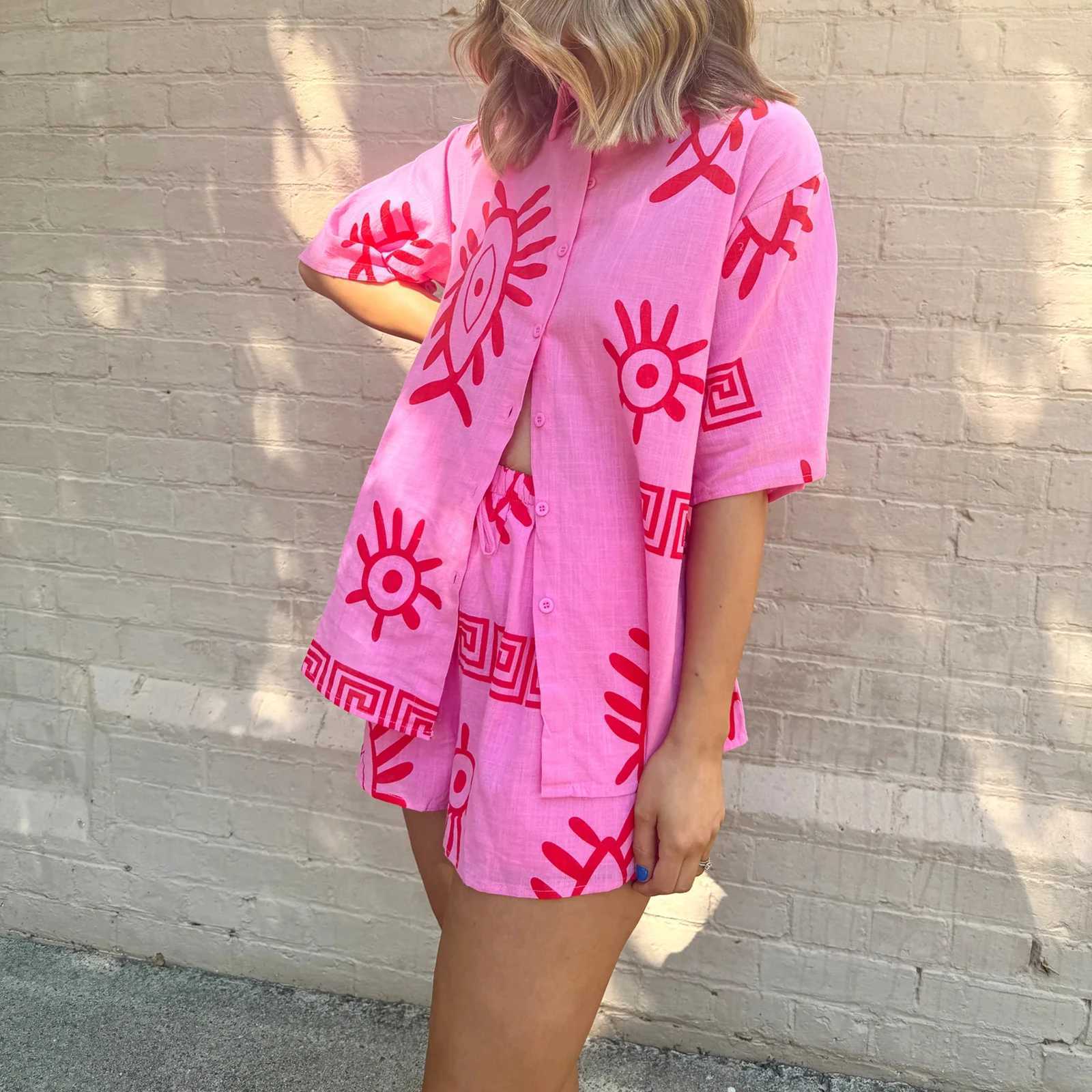 Women's Two Piece Pants Hirigin Women Summer Pajama Set Cute Short Slves Button Shirt and Elastic Shorts for 2 Piece Loungewear Soft Slpwear Y241