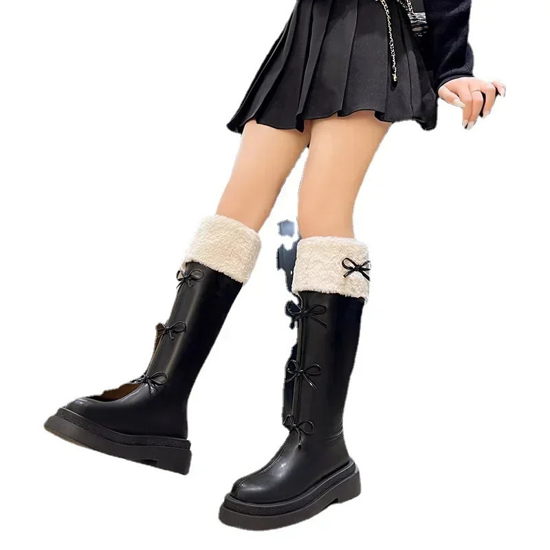 Womens leather velvet knee high boots winter fashion bow platform knight boots womens fashion cross series Botas drone 2024 241213
