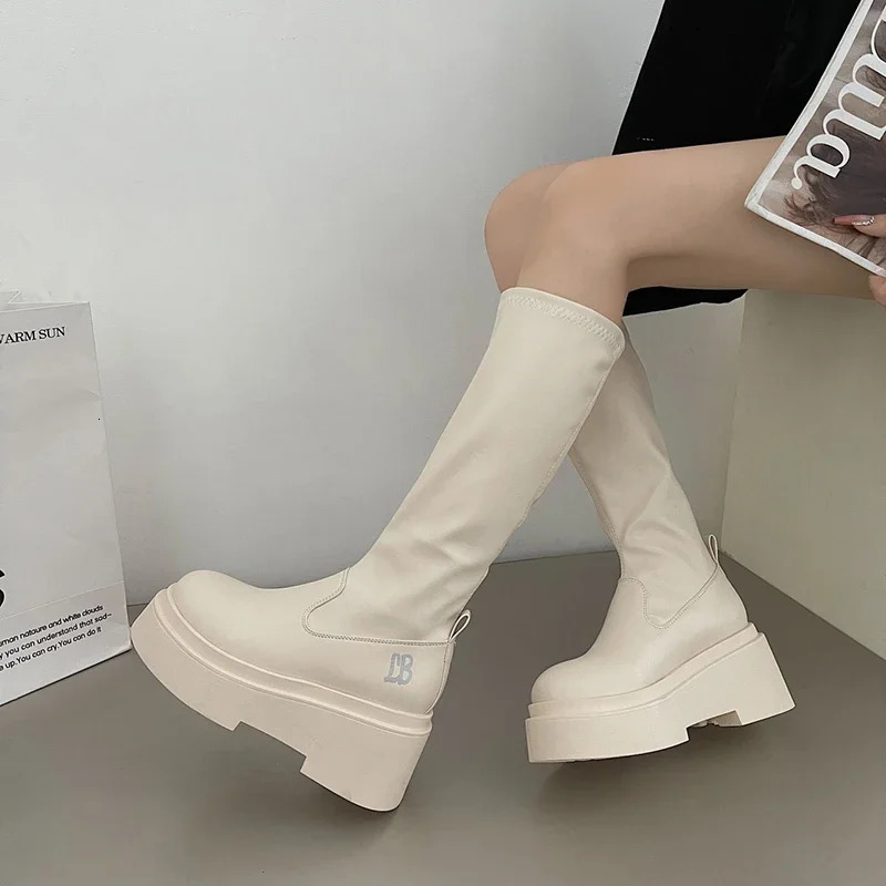 Autumn and Winter Short and Fat Womens Knee High Boots Fashion Soft Leather Platform Shoes Comfortable Long Botas De Mujer 241212