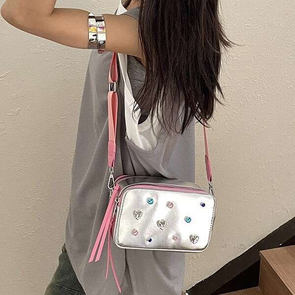 Retro camera women's trendy dia studded shiny versatile small square niche popular sier crossbody bag, 2024 new casual fashion trend clothing