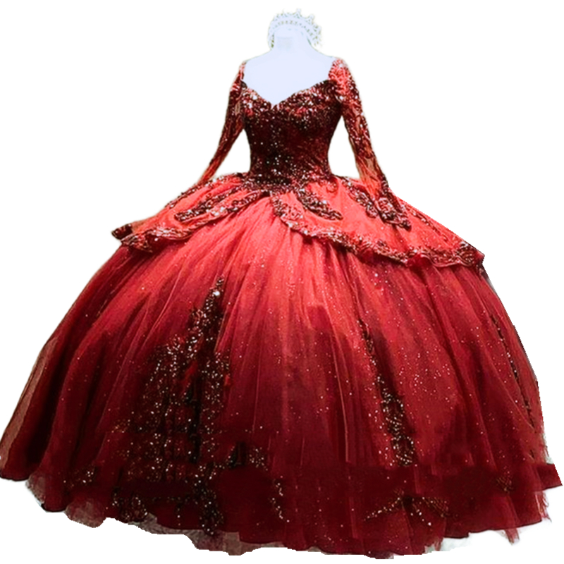 Princess Long Sleeve Quinceanera Dresses Lace Appliques Beaded Burgundy Ball Gown Palace Boutique Sweet 16 Dress 2025 Prom Special Occasion Gowns