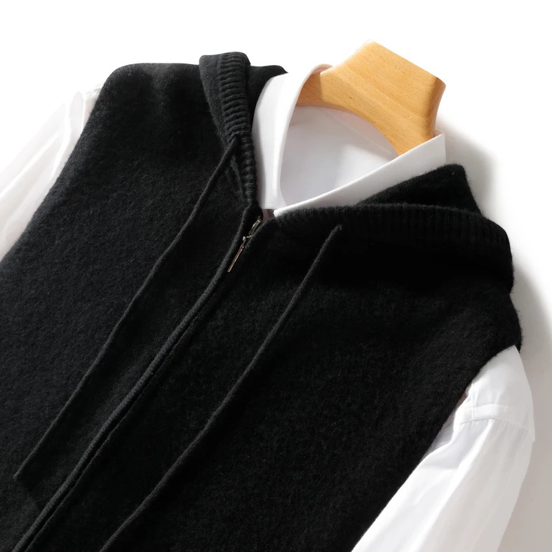 Mens 100% Merino Wool Sweater Vest Sleeveless Zipper Cardigan Smart Casual Basic Cashmere Knitwear Comfy Hoodie Waistcoat 241213