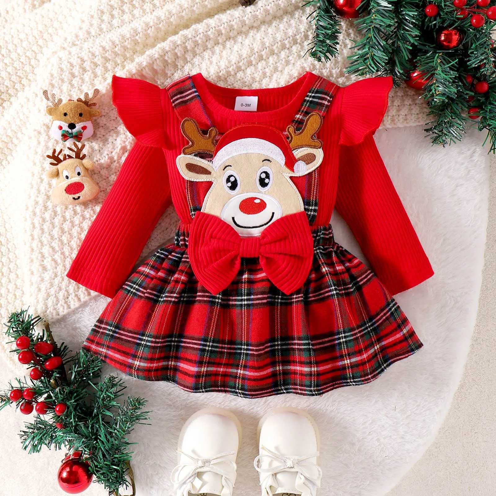 ma baby 0-18M Christmas Newborn Infant Baby Girl Clothes Sets Knit Red Romper Deer Plaid Skirts Headban Xmas Outfits Costume W241213