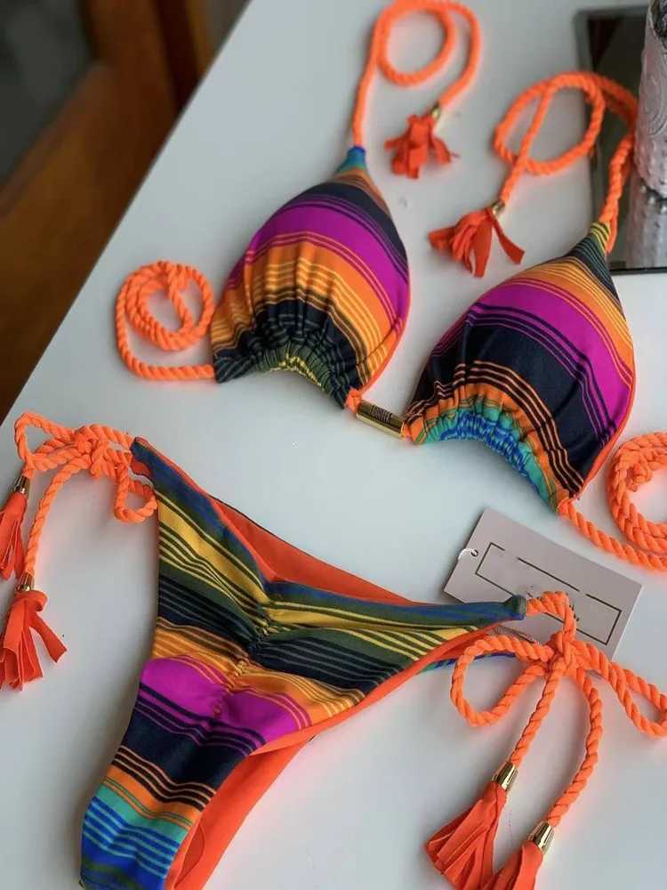 Womens Rope Swimwear Strap Split Bikini Printed Triang SwimsuitXJ241212