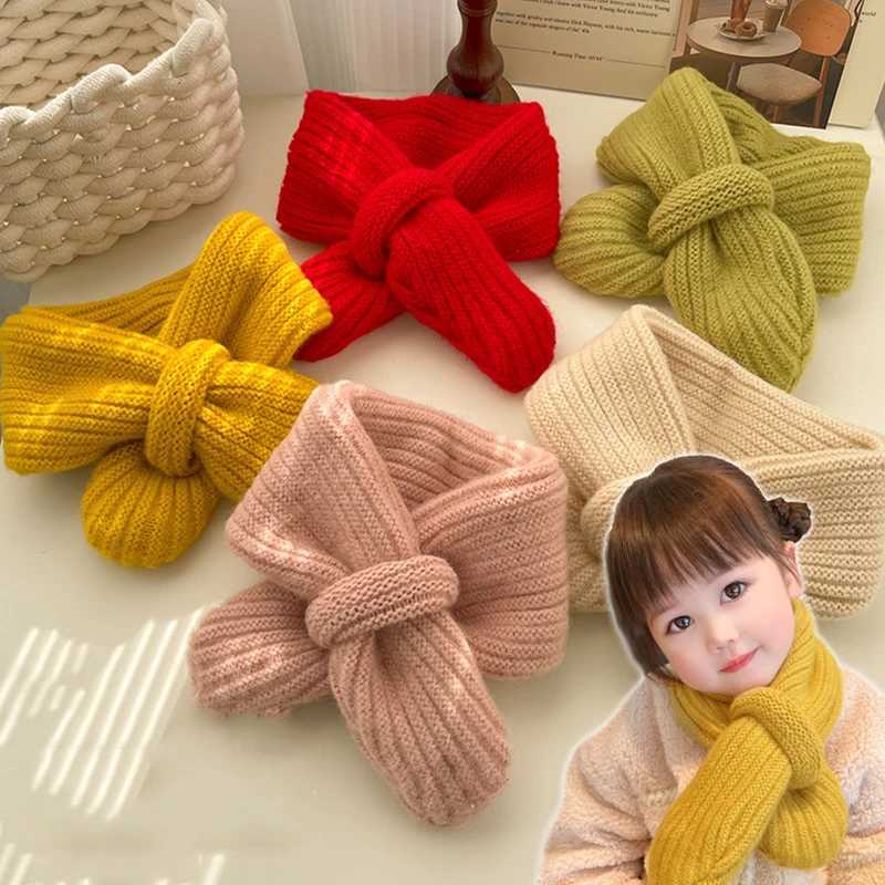 Scarves Wraps Simple Fashion Baby Scarf Candy Color Woolen Knitted Scarves For Girls Boys Winter Warm Kids Cross Neckerchief H241213