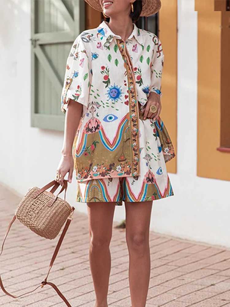 Women's Two Piece Pants Print Short Suits Women Fashion Turn Down Collar Half Slve Female Shirt Two Piece Sets Loose Pants Summer Beach Party Vac