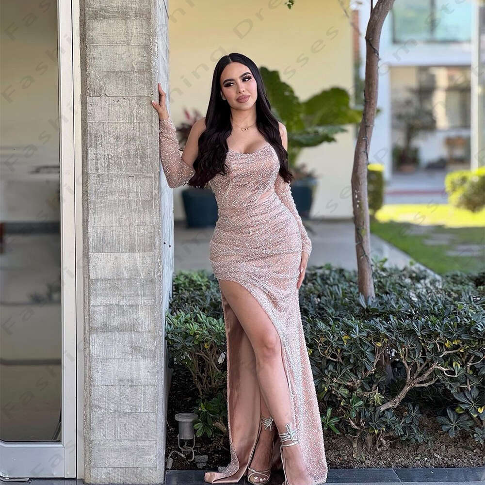 Sexy Female Elegant Evening Party Dree Simple Backle Beautiful Off Shoulder High Slit Sparkg Beading Prom Gown 2024