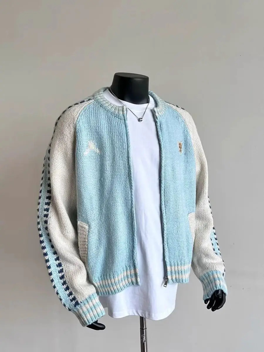 Fashion Trend n Knitted Wool Colorblocked Zipper Jacket Mens Winter Simple Casual Warm Couple Sweater Cardigan 241213