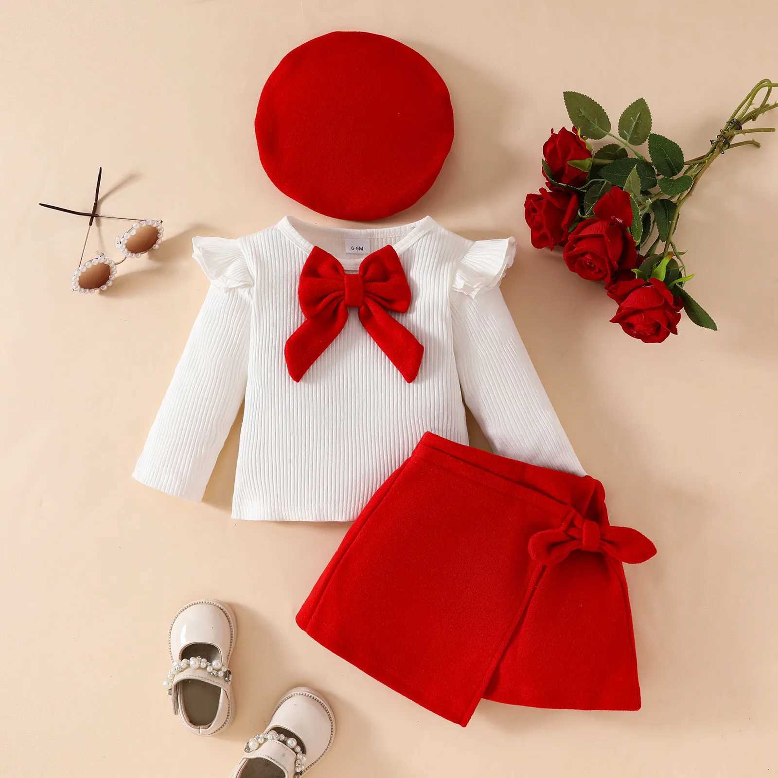 Baby girl set solid color set 0-3Y long sleeved bow top irregular skiing and beret 3-piece baby Christmas costume W241213