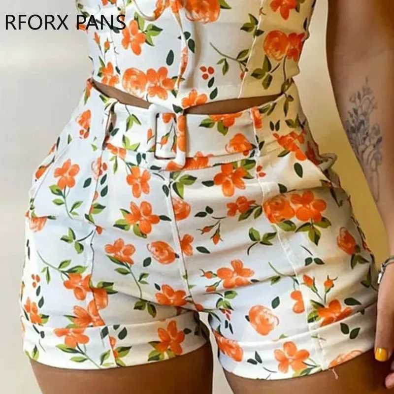 Women's Two Piece Pants Women Chic Spaghetti Straps Cami Button Crop Disty Floral Pattern Mini Sexy Sashes Zipper Short Sets Y241213P3W3