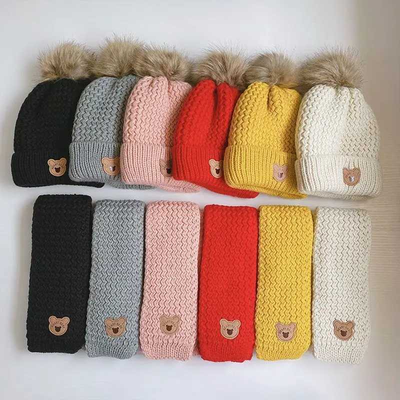 Plush Lining Baby Winter Hat Pompom Kids Beanie Scarf Fur Ball Bear Children Cap for Girls Boys Hats Thicken Infant AccessoriesXJ241213