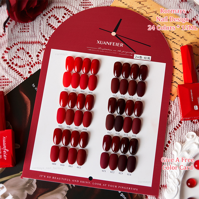 Rormays Wine Red Whitening gel Polishing 24PCS Ankara Red Clearcoat nail polish Lasting Shiny Red UV Nail Shop Primer Set 15ML Wholesale Factory