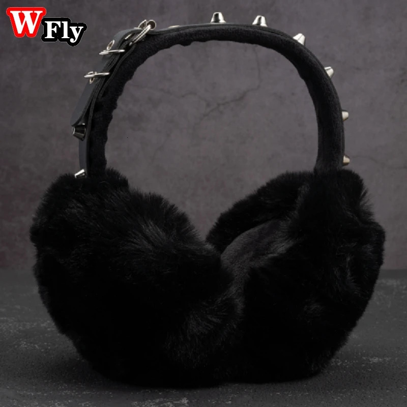 Y2K Gothic Lolita Womens Punk Rivet Warm Earrings Womens Winter Warm Black Fur Earrings Foldable Headband Accessories 241211