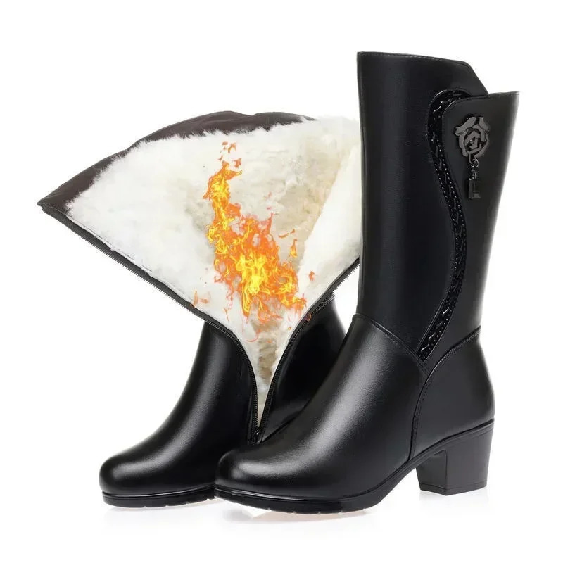 2024 Winter Womens Boots Plush Warm Snow Boots Fashion Medium Density Fiberboard High Heels Womens High Quality Leather Boots Botas Mujer 241213