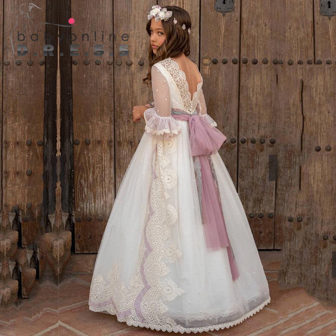 Romantic Lace Flower Girl Dresess Princess A Line Crew Neck Sheer Sleeves With Long Sash Backless Girls Formal Party Gowns Birthday Communion Wears BC