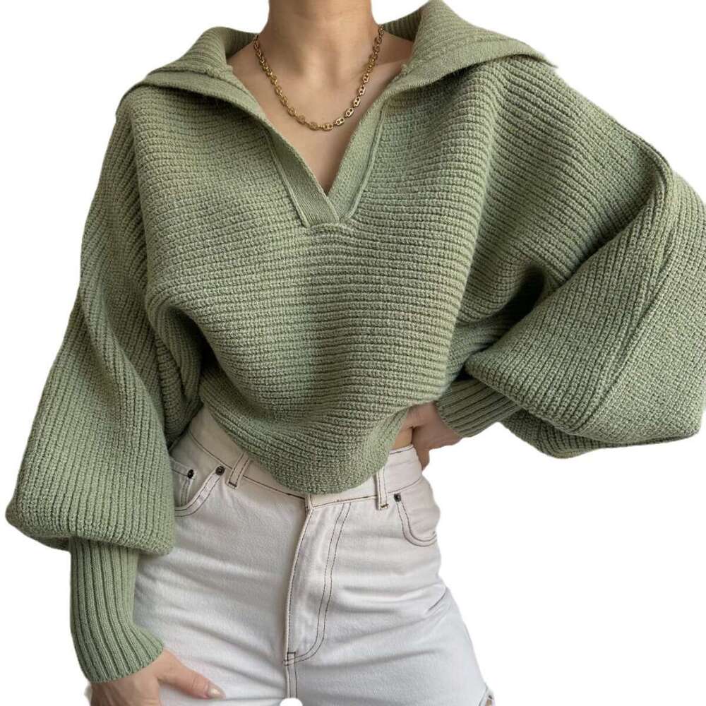 European American Foreign Trade Spring Autumn New Products Knitted Sweater Flip Collar Hoodie Women's Top Trendy Clothing Fashion And Leisure Atm