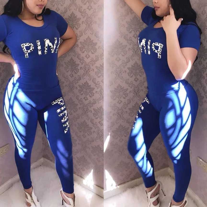 Women's Two Piece Pants 2022 New Letter Print Sweatsuit Women Suit Short Slve Tops Skinny Pant Two Piece Tracksuit Summer Casual 2 PCS Set Y24121