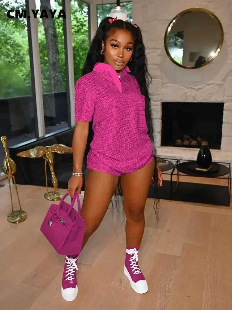 Women's Two Piece Pants CM.YAYA Fashion Giliding Womens Set Short Slve Polo-collar T-shirt and Shorts 2023 Summer Two 2 Piece Set Outfits Tracksu
