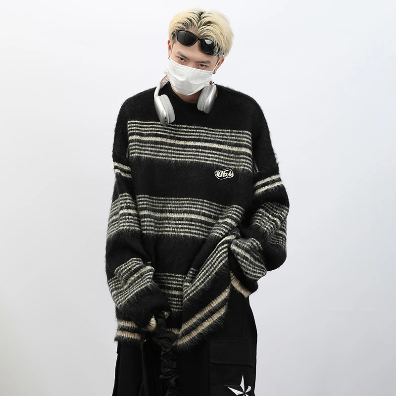 PFNW American Striped Letter n Chic Sweater Mens Vintage Round Neck Loose Autumn Winter Knitted Male Tops 28W4429 241213