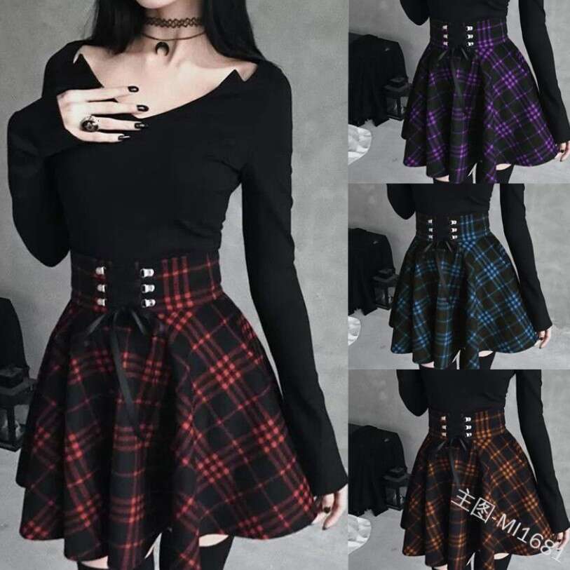 High School Fresh College Style Women's Checkered Irregular With Woven Straps, Waist Cinching And Slimming Effect, Large Skirt Skirt, Fashionable