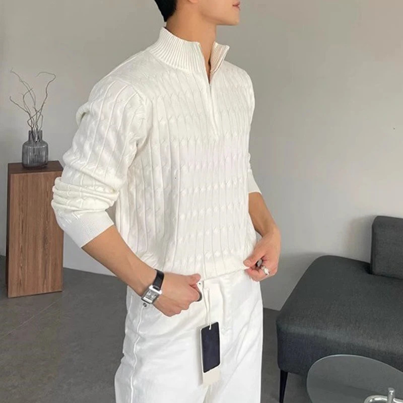 Autumn Clothing Mens Knitted Jacquard Zipper Pullover Sweater Premium Vintage Solid Color Stand Collar Long Sleeve y M3XL 241213