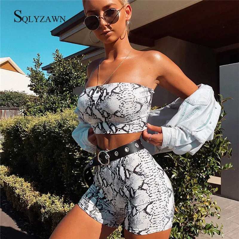 Women's Two Piece Pants Snake Skin Two Piece Set Women Summer Strapless Backless Crop Top Elastic Waist Shorts Tracksuit Fashion Beachwear 2 Pcs 