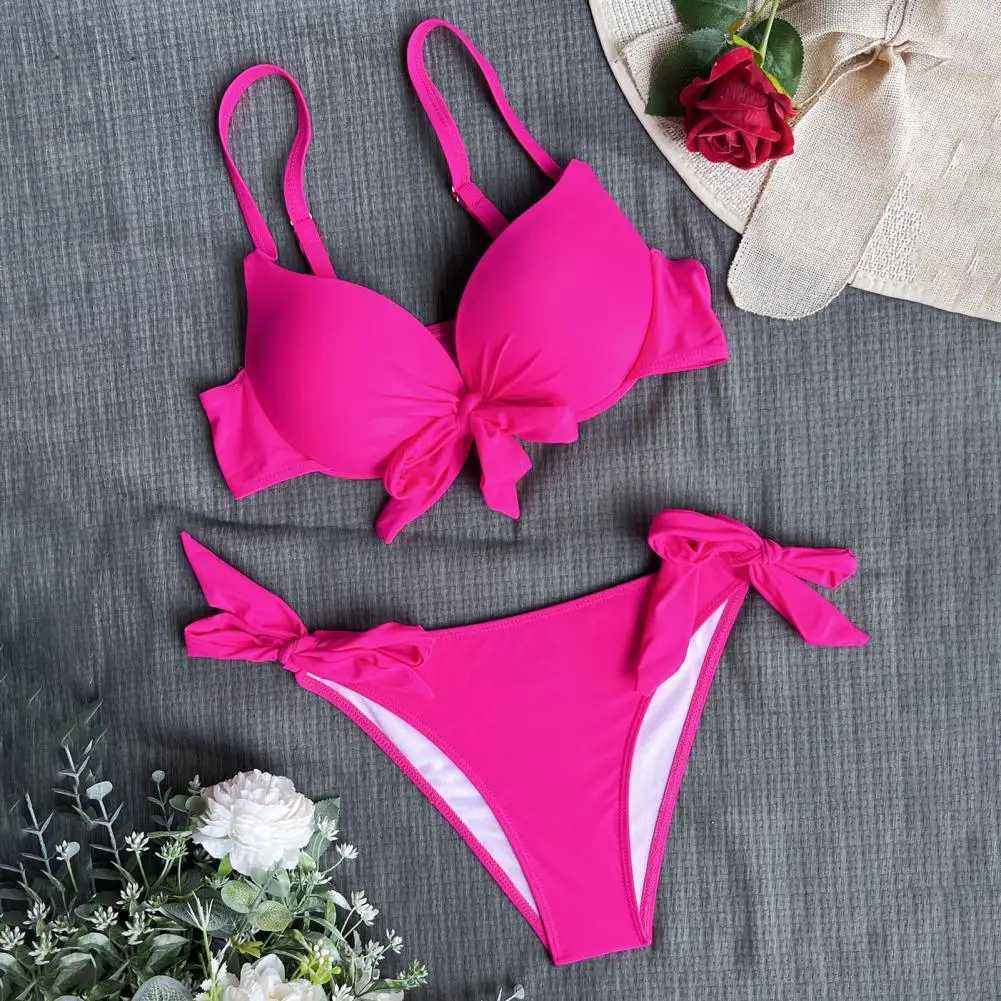sexy front bow knot push up bikinis two pieces solid swimsuit tie bikini swimsuit Swimwear Biquini conjunto de bikini tankiniXJ241212