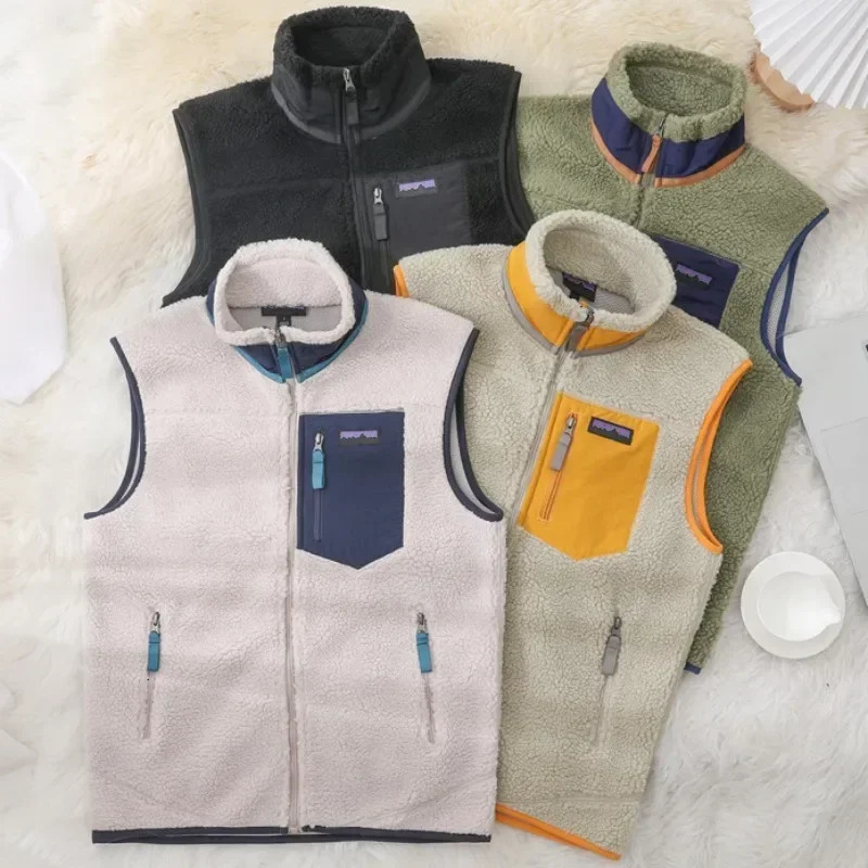 American casual loose and fleece autumn winter blazer pocket zipper wool jacket Men vest stand collar warm women coat 241213