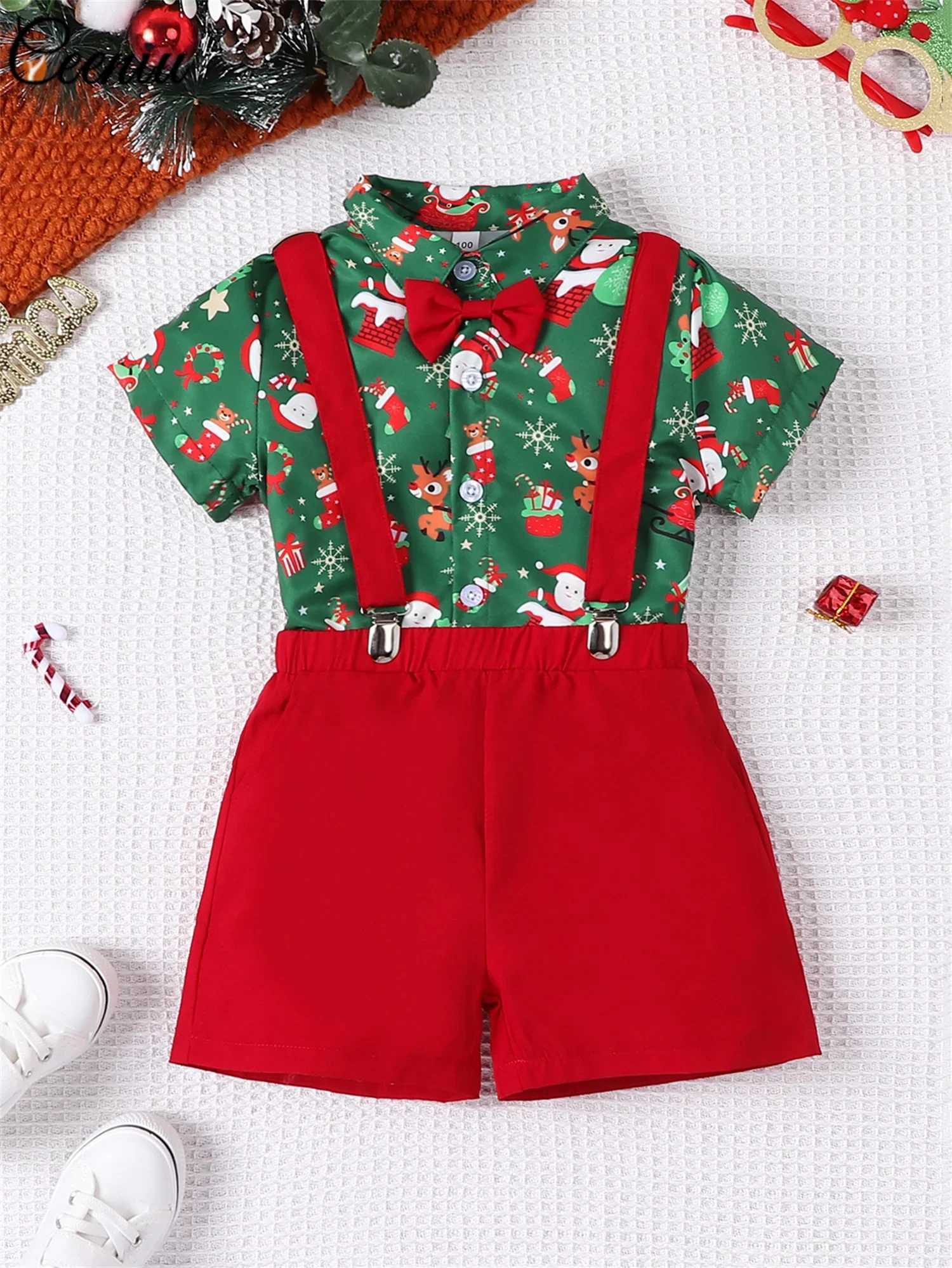 New Year Costume For Boys Christmas Outfits Gentleman Necktie Green Shirts Red Suspender Pants Kids Christmas Clothes W241213