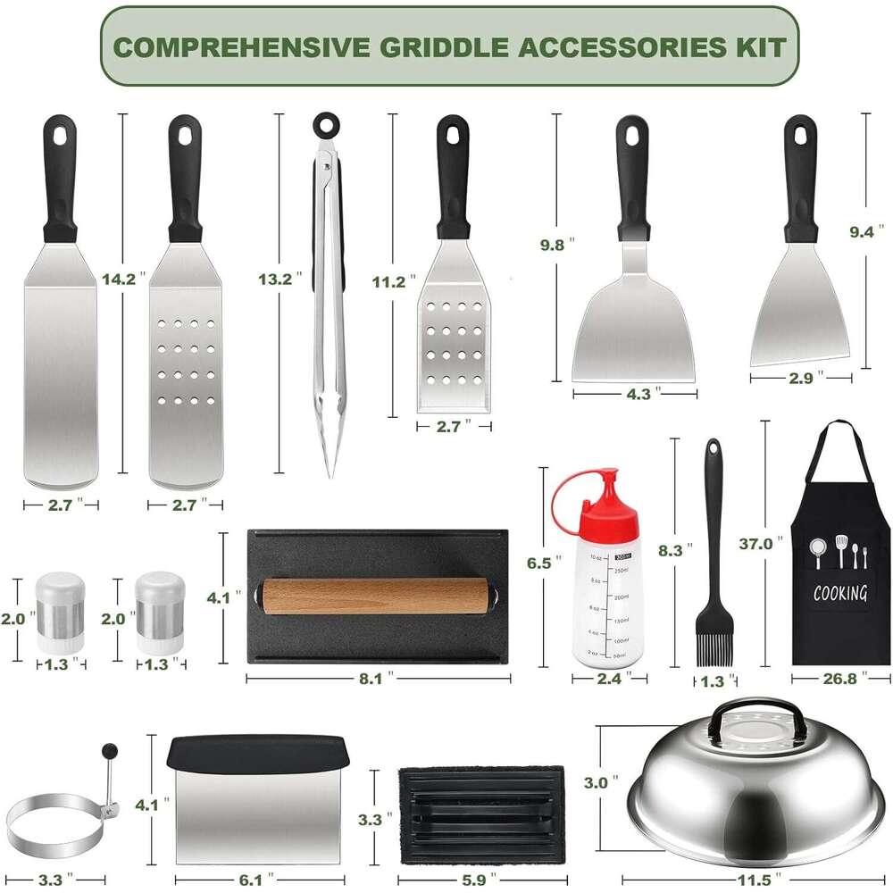 Griddle Kit, Upgraded Flat Top Accessories Blackstone and Camp Chef, Grill Spatula Set with Enlarged Spatulas, Basting Cover, Iron Smash Burger Press 
