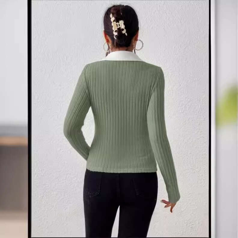 European American 2024 Spring Autumn new pullover knitted long sleeved top with large V-neck and simple base T-shirt
