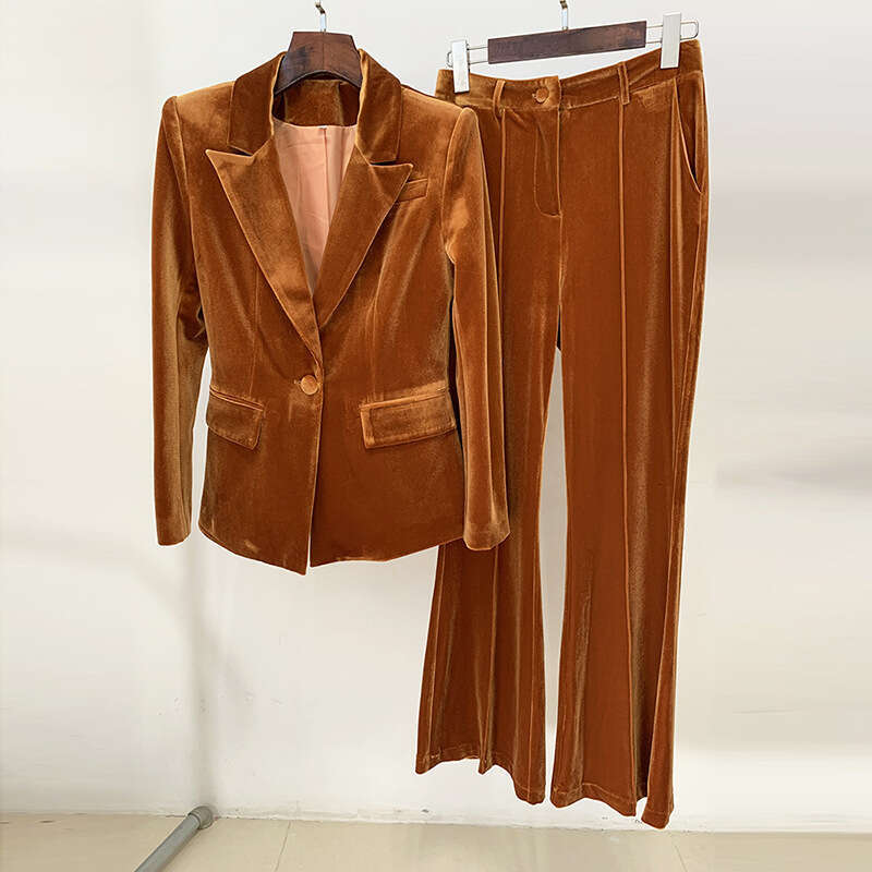 Ladies' Suit HIGH QUALITY Newest Fall Winter Designer Set Women's Single Buttons Veet Blazer Flare Pants Suit