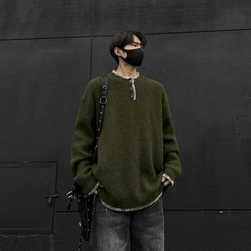 Korean Knit Sweater Retro Streetwear Loose Crew Neck Long Sleeve Knitted Pullover Winter Warm Henry Collar Top 241213