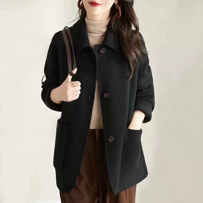 Wool Jacket Womens Korean Simple Loose Long Sleeved Woolen Coat Single Breasted Spring Autumn Female Casual Outwear 241213