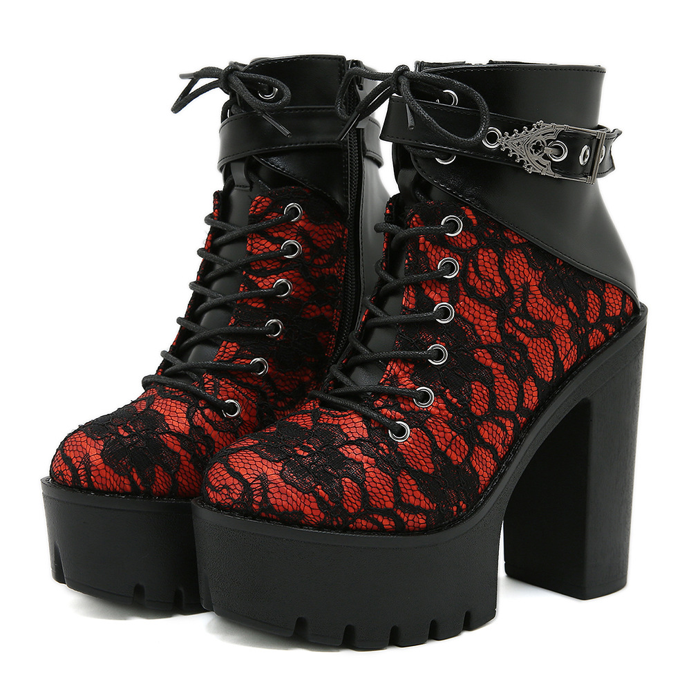Women's Sexy Red Lace Up Platform High Heels - Vintage Inspired Gothic Buckled Ankle Boots
