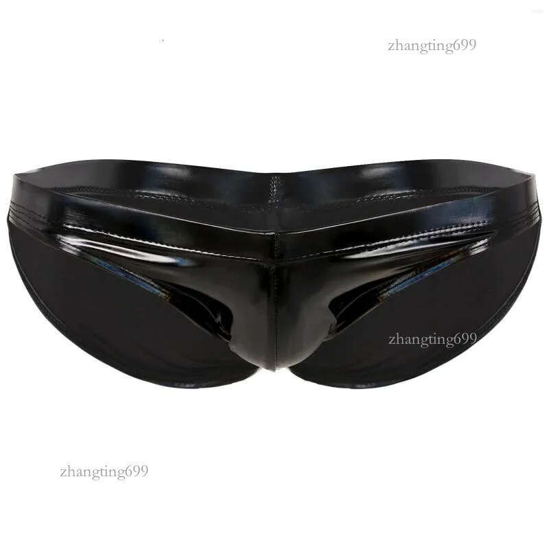 Underpants Black Mens Lingerie Patent Leather Briefs Glossy Bulge Pouch Thongs Low Waist Ruched Back Club Pole Dance Underwear