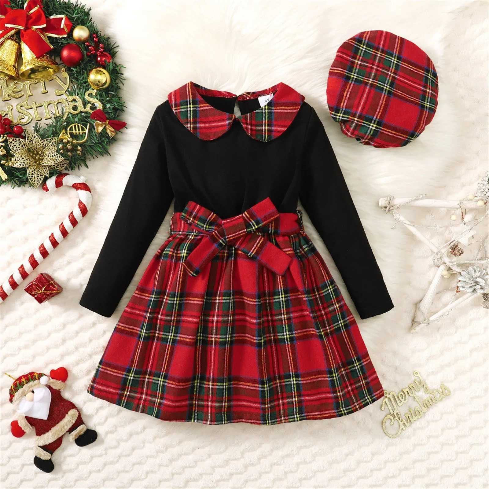 New Christmas Baby Long Sleeve Dress Set Long Sleeve Flat Dress Set Christmas Bow Princess Dress+Hat W241213