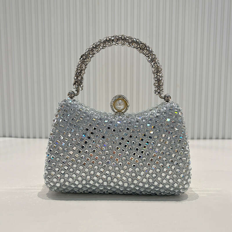 Hot pressed evening bag, luxurious diamond chain handbag, sparkling pearl crossbody small square bag