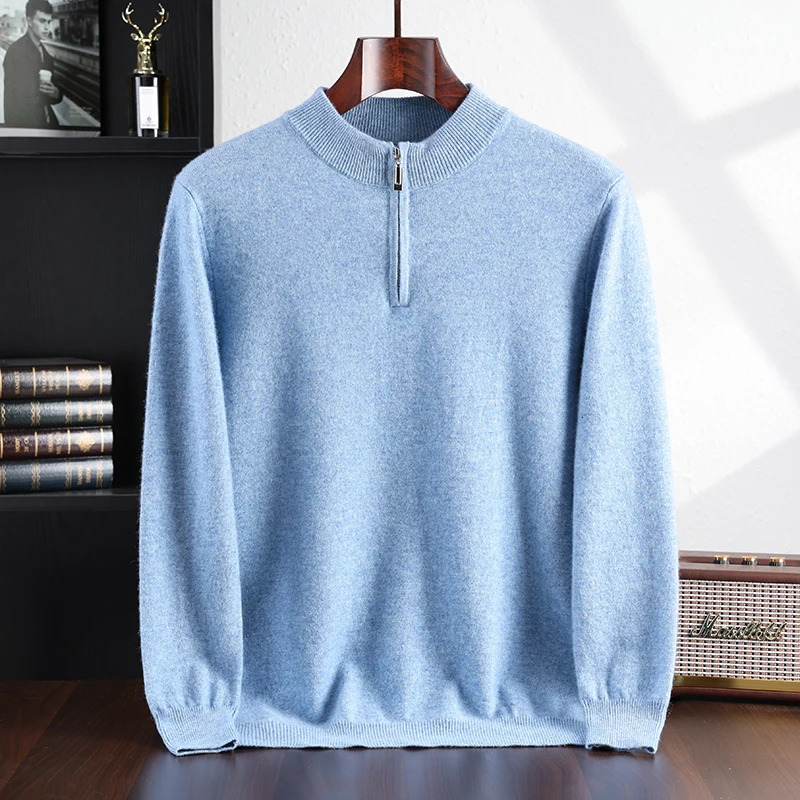 Autumn and Winter Collection 100% Cashmere Mens Casual Half Zipper High Collar Solid Color Sweater for Men 241213