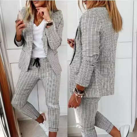 New European And American Women's Plaid Casual Slim Fit Lapel Suit With Elastic Tie Pants Set, Fashionable Quality Classic