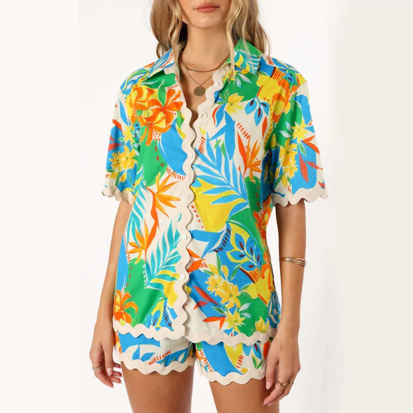 Women's Two Piece Pants Hirigin 2 Piece Lounge Set for Women Summer Casual Floral Two Piece Vacation Outfits Button down Pajamas Ric Rac Shorts S