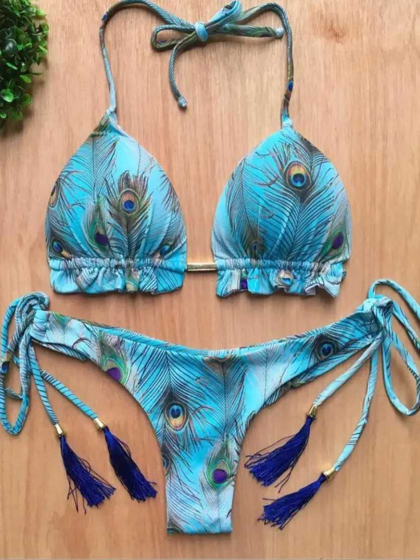 RUOTONGSEPT Sexy Micro Bikinis Set 2024 New Swimsuit Women Feather Print Bandage Swimwear Fa Bathing Suit Brazilian BiquinisXJ241212